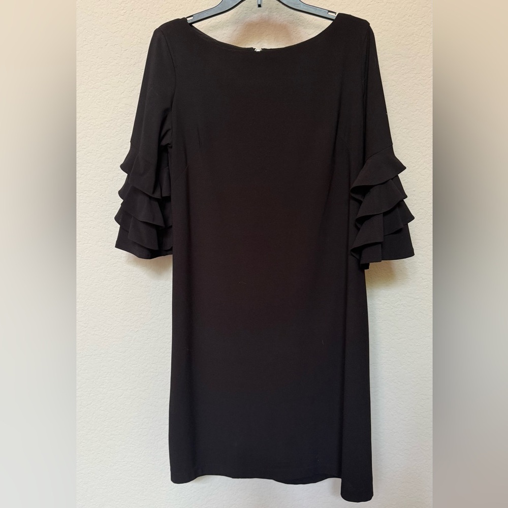 Gabby Skye Black Ruffled Bell Sleeve Sheath Dress. Semi formal/business casual.